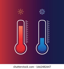 Thermometer equipment showing hot or cold weather. Celsius and fahrenheit thermometers. Measuring hot and cold temperature. Vector illustration.