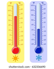 Thermometer equipment showing hot or cold weather .Celsius and fahrenheit meteorology thermometers measuring heat and cold, vector illustration