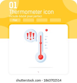 Termómetro con icono de exclamación con estilo plano aislado sobre fondo blanco. Ilustración vectorial de caricatura símbolo de señal de temperatura extremadamente alta concepto para medicina, enfermedad, frío, fiebre, calor