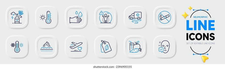 Thermometer, Face accepted and Weather thermometer line icons for web app. Pack of Social distance, Medical flight, No smoking pictogram icons. Skin care, Bio tags, Ambulance transport signs. Vector