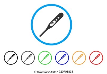 Thermometer Fahrenheit rounded icon. Style is a flat thermometer fahrenheit grey symbol inside light blue circle with black, gray, green, blue, red, orange color versions.