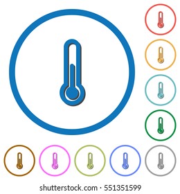 Thermometer flat color vector icons with shadows in round outlines on white background