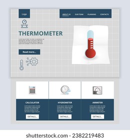 Thermometer flat landing page website template. Calculator, hygrometer, ammeter. Web banner with header, content and footer. Vector illustration.