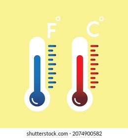 Thermometer flat vector icon. Hot and cold temperature vector pictogram. Thermometer icon symbol set isolated on yellow background.