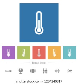 Thermometer flat white icons in square backgrounds. 6 bonus icons included.
