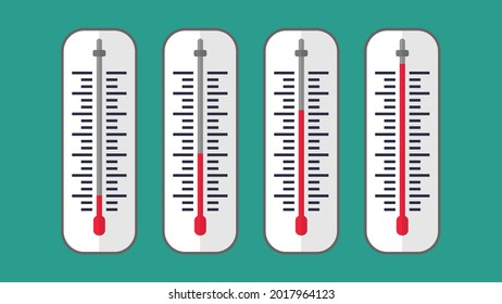 Thermometer in four different temperature levels. Heat, hot, cold signs. Weather temperature. Temperature measurement. Green background.