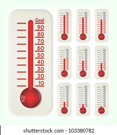 Thermometer graphic showing progress towards goal, vector, 10eps.