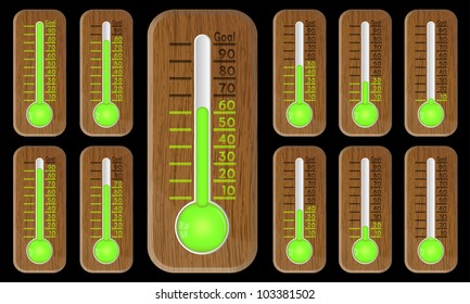 Thermometer graphic showing progress towards goal on black, vector, 10eps.
