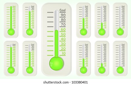 Thermometer green graphic showing progress towards goal, vector, 10eps.