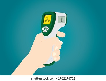 Infrarot-Thermometer-Kanone zur Kontrolle der Temperatur an der Stirn, nicht berührbar für das Screening Coronavirus (COVID-19). Vektorgrafik-Illustrator