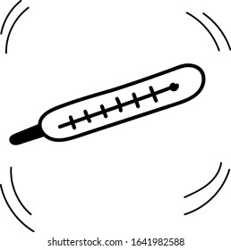 Thermometer in hand drawn doodle style isolated on white background. Vector stock outline illustration. Single. Sign element. Medical equipment. Symptom of illness coronavirus 2019-nCoV