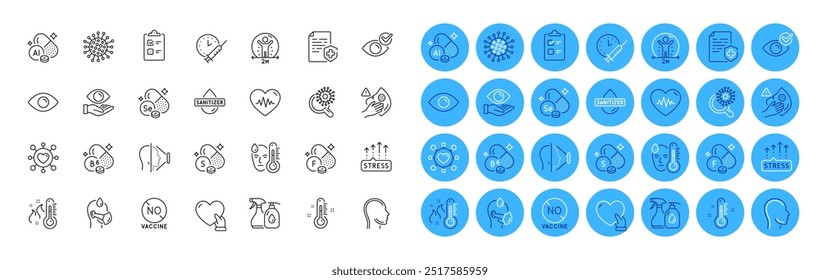 Thermometer, Hand sanitizer and Cleaning liquids line icons pack. Coronavirus, Volunteer, Selenium mineral web icon. No vaccine, Sulfur mineral, Stress grows pictogram. Health eye. Vector