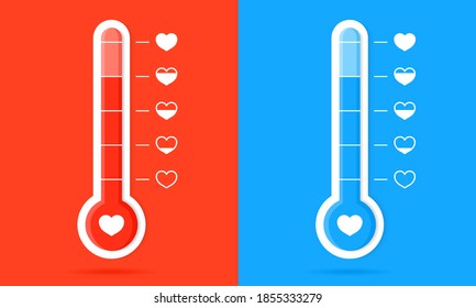 Thermometer with hearts. Meter of love. Gauge of temperature of love and happy. Couple icons with scale of warm on orange and blue background. High goal with indicator. Concept of romance. Vector.