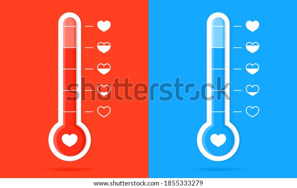 Thermometer with hearts. Meter of love. Gauge of\
temperature of love and happy. Couple icons with scale of warm on\
orange and blue background. High goal with indicator. Concept of\
romance. Vector.