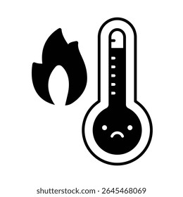 Thermometer Heat Overload Glyph Icon. Sad Face Temperature Symbol. Climate Change Anxiety. Global Warming Black Silhouette.