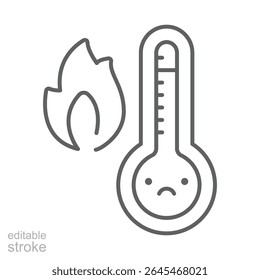 Thermometer Heat Overload Icon. Editable Stroke Outline. Sad Face Temperature Symbol. Climate Change Warning. Global Warming and Heatwave Anxiety.