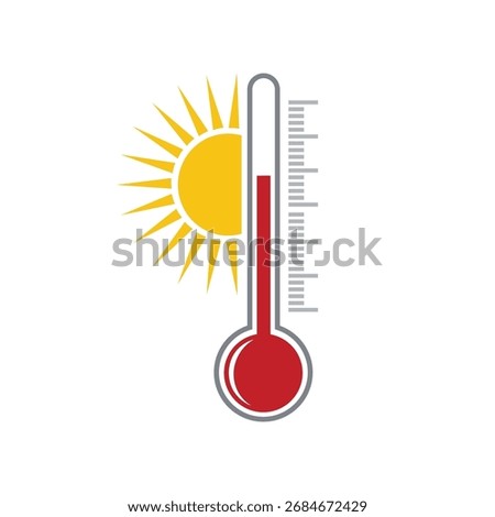 A thermometer with a high red reading, juxtaposed with a bright sun, visually representing intense heat and high temperatures, isolated on a white backdrop.