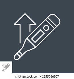 Termómetro con un icono de línea delgada vectorial de alta temperatura. Aislado sobre fondo negro. Trazo editable. Ilustración vectorial.