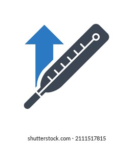 Thermometer with high temperature related vector glyph icon. Thermometer sign. Isolated on white background. Editable vector illustration