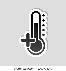 Thermometer, hot. above zero temperature. Sticker style with white border and simple shadow on gray background