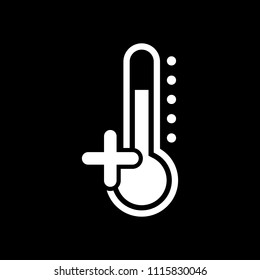 Thermometer, hot. above zero temperature. White icon on black background. Inversion
