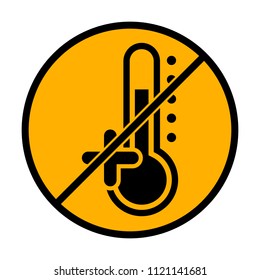 Thermometer, hot. above zero temperature. not allowed, black object in warning sign with orange background color
