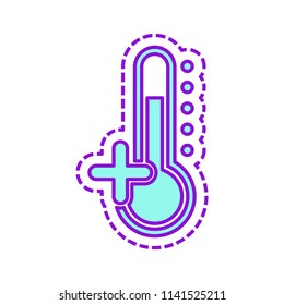 Thermometer, hot. above zero temperature. Colored sketch with dotted border on white background