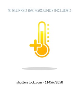 Thermometer, hot. above zero temperature. Colorful logo concept with simple shadow on white. 10 different blurred backgrounds included