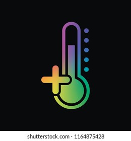 Thermometer, hot. above zero temperature. Rainbow color and dark background