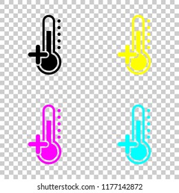 Thermometer, hot. above zero temperature. Colored set of cmyk icons on transparent background