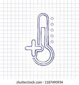 Thermometer, hot. above zero temperature. Hand drawn picture on paper sheet. Blue ink, outline sketch style. Doodle on checkered background