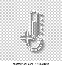 Thermometer, hot. above zero temperature. White outline sign with shadow on transparent background