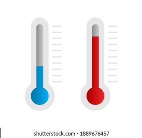Thermometer hot and cold temperature. Meteorological thermometers measuring climate. Celsius thermometers. Vector flat icons.