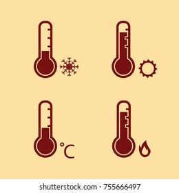 thermometer hot and cold temperature with snowflake, sun and fire vector icon set red