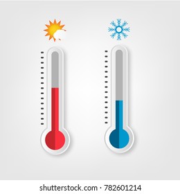 Thermometer. Hot, cold. Vector illustration. Meteorology thermometers measuring heat and cold with realistic shadow