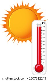 Ilustración de termómetro y sol caliente