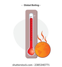 Termómetro con temperatura caliente e ilustración de tierra caliente rojiza. Vector de ebullición global.