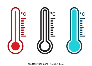 Thermometer icon, cold and hot symbol, temperature sign, climate and meteorology icons, black, red and blue isolated on white background, vector illustration.