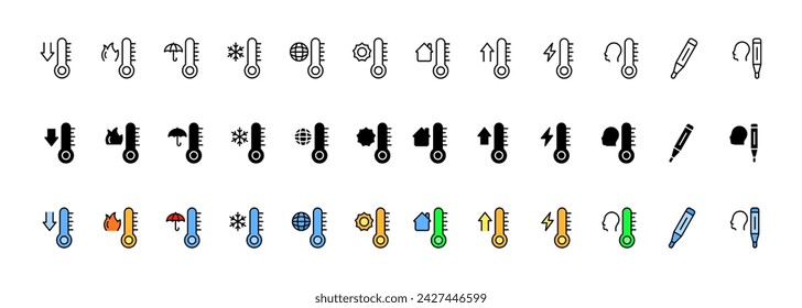 Thermometer icon collection. Linear, silhouette and flat style. Vector icons