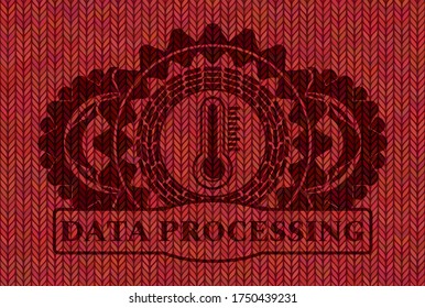 thermometer icon and Data processing text Red woolen fabric realistic badge. Cloth luxurious background. Intense illustration. 