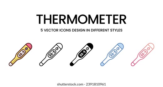 Diseño de iconos termómetros en estilo Cinco con pulsación editable. Línea, Sólido, Línea plana, Color de tono Duo y Línea de degradado de color. Adecuado para diseño de páginas Web, aplicaciones móviles, UI, UX y GUI.
