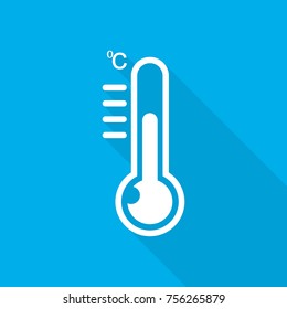 Thermometer icon in flat design on blue background. Vector illustration. Hot or cold temperature.