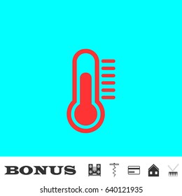 Thermometer icon flat. Red pictogram on blue background. Vector illustration symbol and bonus buttons Music center, corkscrew, credit card, house, drum