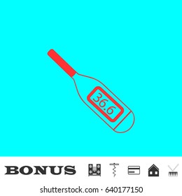 Thermometer icon flat. Red pictogram on blue background. Vector illustration symbol and bonus buttons Music center, corkscrew, credit card, house, drum