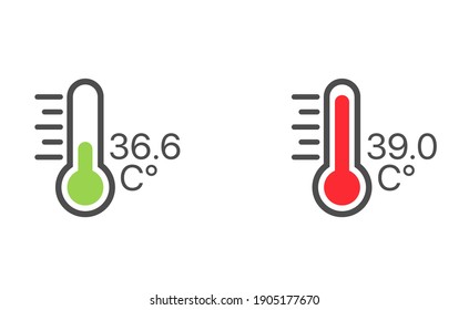 Thermometer icon with green and red indicators in flat style. Medical thermometers measuring the body temperature in normal and high degrees. Coronavirus pandemic prevention.