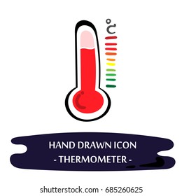 Thermometer icon. Hand drawn doodle colorful thermometer logo with scale. Vector element. EPS10 illustration for web, application, sticker, infographic. Childish drawing style temperature image.