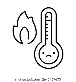 Thermometer Icon. Heat Overload Outline. Sad Face Temperature Symbol. Climate Warming Crisis Line Style.