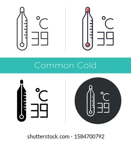 Thermometer icon. High temperature. 39 Celcius. Body heat. Medical device. Common cold symptom. Illness and sickness. Flu, grippe. Flat design, linear and color styles. Isolated vector illustrations