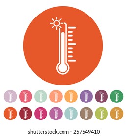 The thermometer icon. High temperature symbol. Flat Vector illustration. Button Set.