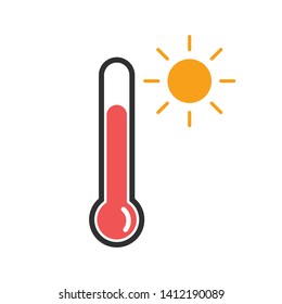 Thermometer icon, hot day high temperature icon. New trendy thermometer with sun graphic for web, logo, app, ui, icon. Vector illustration.